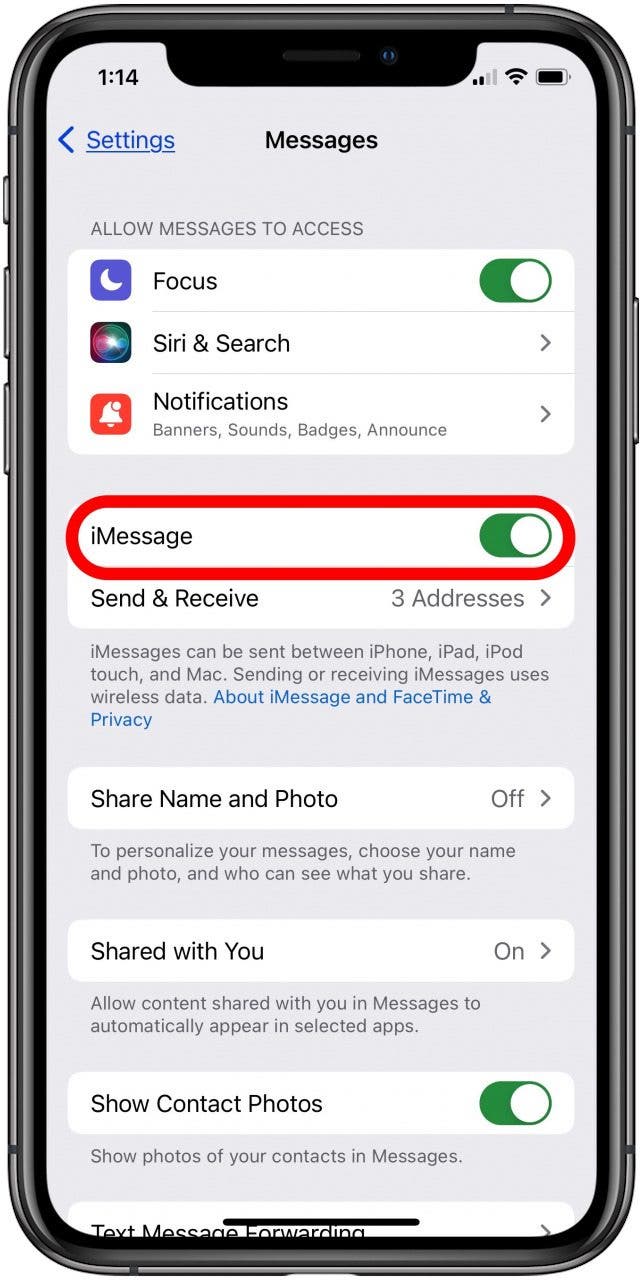 assicurati che imessage sia attivato